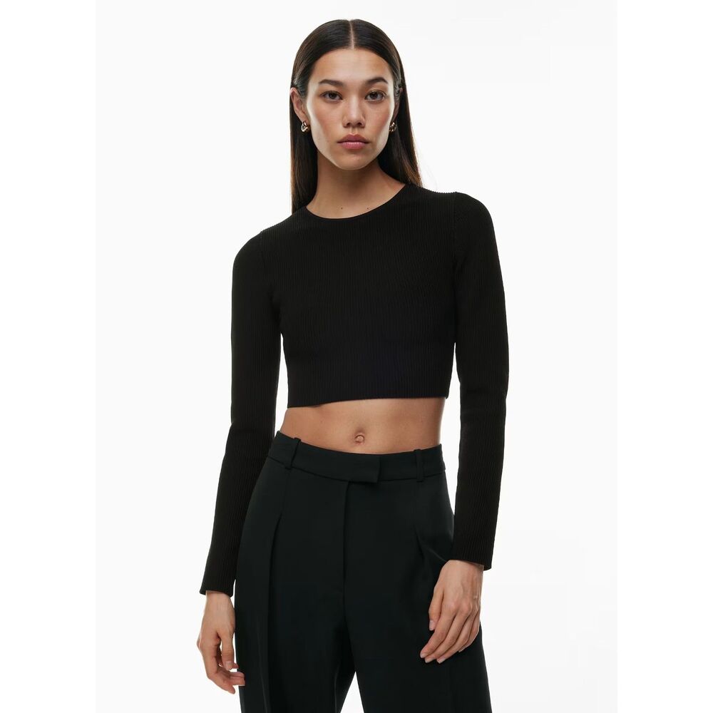 Babaton Black Ribbed Long Sleeve Crop Top